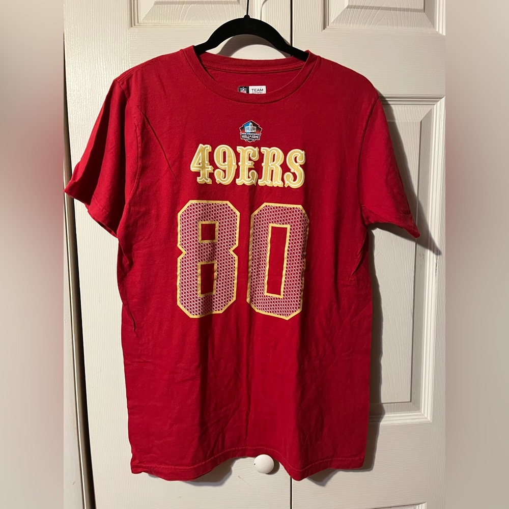 Jerry Rice #80 NFL Team Apparel SF 49ers T Shirt Hall Of Fame 100% Cotton Size M